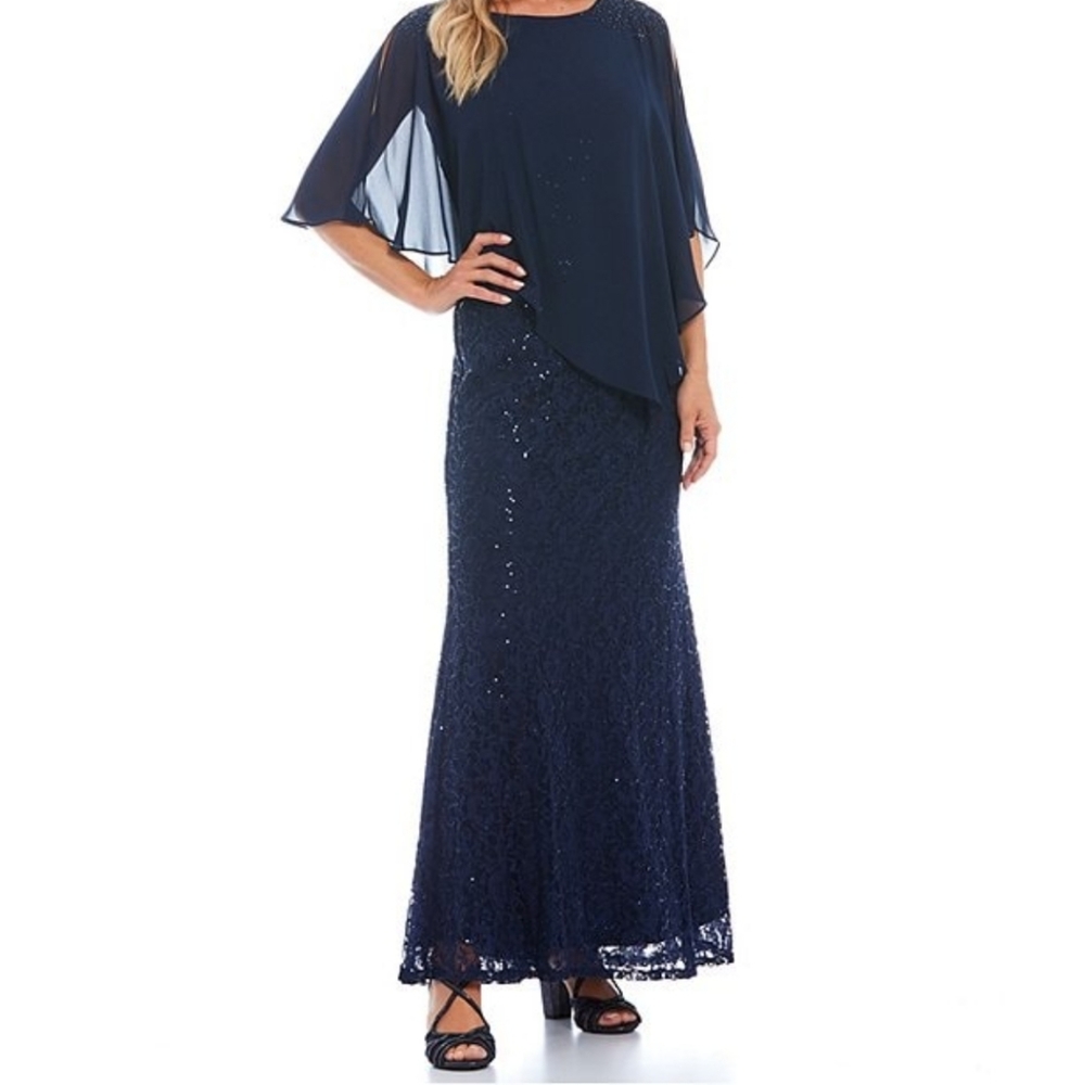 Ignite Evenings Beaded Sequin Lace Capelet Gown